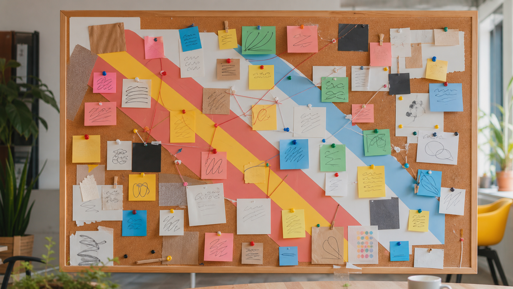 Bacheca con post-it, appunti e promemoria colorati che compongono visivamente un manifesto collettivo in costruzione.